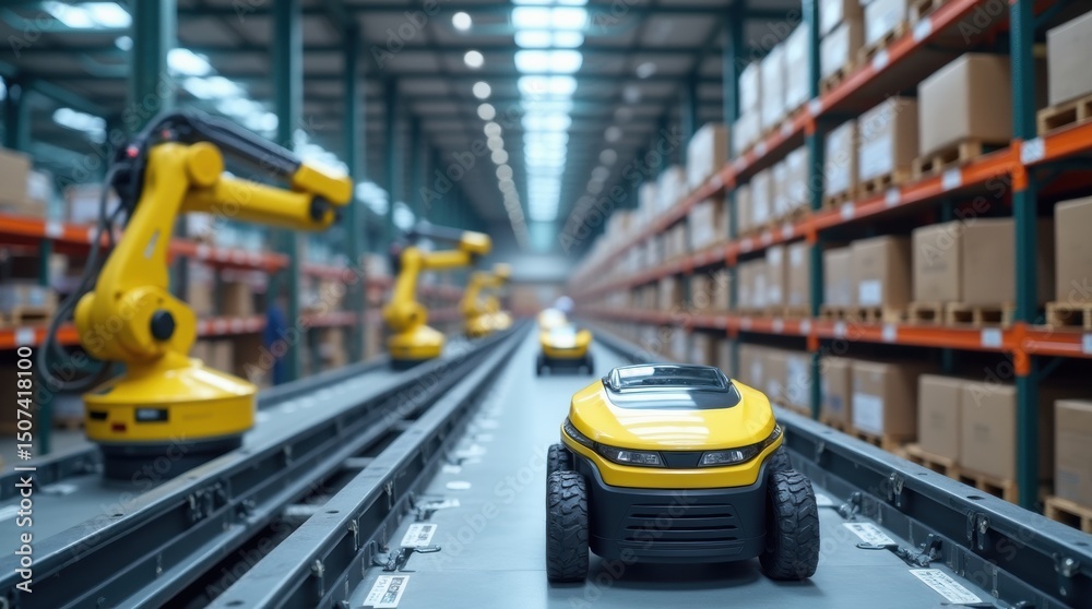 Fototapeta premium Robotic systems efficiently organizing packages in automated warehouse environment