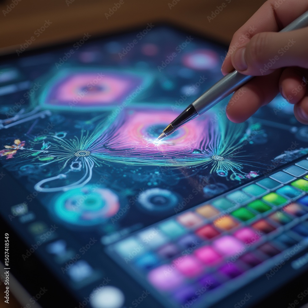 Obraz premium Digital tablet showing NFT art creation process with stylus and vibrant colors