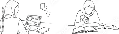 People studying working using laptop and smartphone with books and notes in black outline