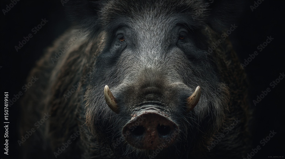 Powerful Wild Boar Close Up Portrait Dark Fur Sharp Tusks Intense Gaze Powerful Wild Boar Close Up Portrait Dark Fur Sharp Tusks Intense Gaze