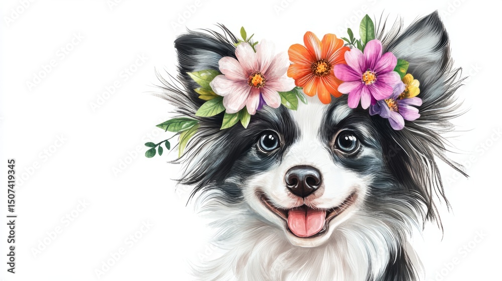 Fototapeta premium Cute cartoon dog with a colorful flower crown, illustration generative ai