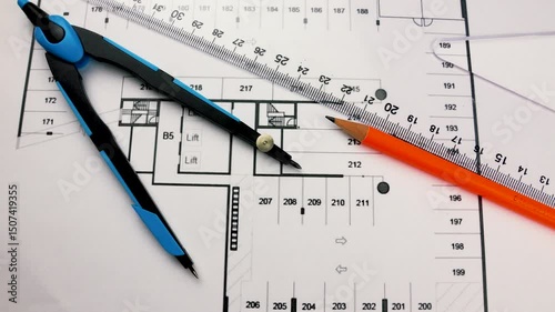 Blueprint home planning architecture interior project compass ruler pencil graphite. Ruler, pencil and compass ready for woodworking, DIY, sketching, marking