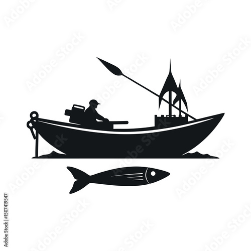 Fishing Kayak Silhouette Vector in Black Style