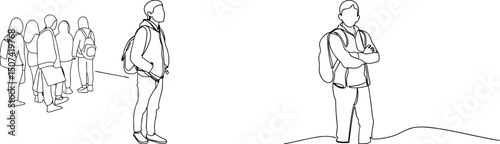 Line drawing illustration of students with backpacks waiting and standing alone