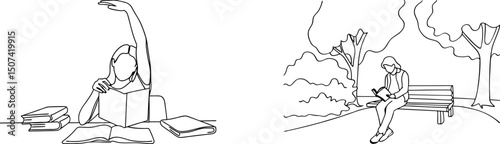 Line art illustration of people reading books indoors and relaxing outdoors in a park