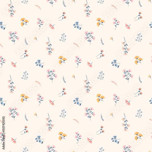 Lovely, beautiful spring flowers pattern. Ditsy floral seamless pattern. Cute small flower on light background. Repeat pattern. Ditsy print. Flower surface design, floral design for fashion, fabric