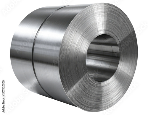 Shiny Aluminum Coil Roll for Manufacturing and Engineering Applications on Transparent Background.