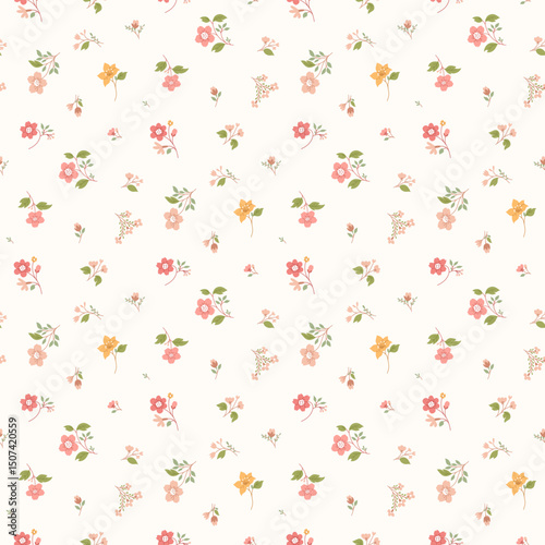 Lovely, beautiful spring flowers pattern. Ditsy floral seamless pattern. Cute small flower on light background. Repeat pattern. Ditsy print. Flower surface design, floral design for fashion, fabric