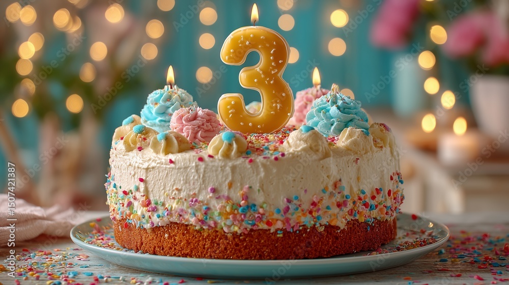 Viral TikTok birthday cake with number 3 candle, colorful confetti backdrop, influencer-friendly party design Viral TikTok birthday cake with number 3 candle, colorful confetti backdrop, influencer-friendly party design