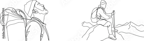 Line art depicting hikers experiencing the outdoors exploring mountainous terrain and journey