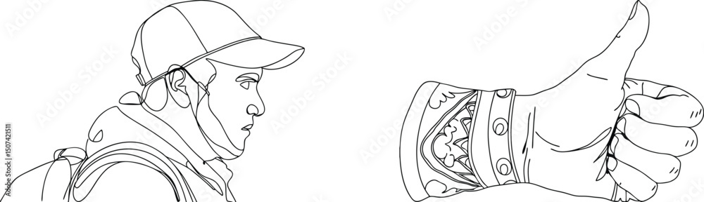 Line art illustration of a person wearing a cap and a hand giving a thumbs up Line art illustration of a person wearing a cap and a hand giving a thumbs up
