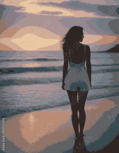 chica al atardecer en la playa 12 colores