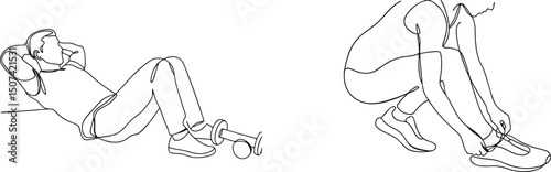 Line art illustration demonstrating abdominal exercise and tying shoe for workout preparation
