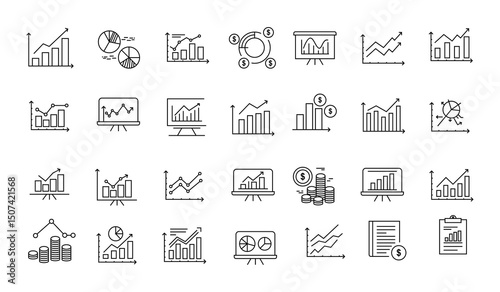 A set of vector icons related to graphs and charts. Set of graph and statistics icons. Collection of simple linear web icons, line charts, candlestick, combined, bar charts, pie charts.