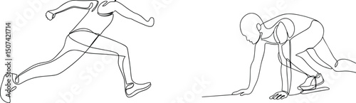 Continuous line drawing of a sprinter in running and starting positions isolated