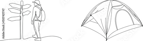 A line art illustration of a hiker choosing their path next to a tent ready for camping