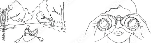 Black and white illustration depicting canoeing in nature and a person using binoculars
