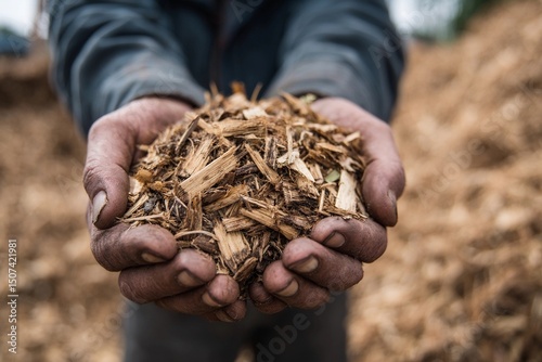 Wood chips held by a worker at a lumber yard during daylight operations photo