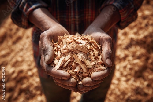 Woodworker holds fresh wood shavings in hands at a crafting workshop during daylight