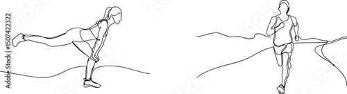 Line drawing of fitness activities featuring a woman exercising and a runner on a road
