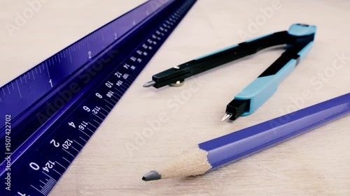 READY for drawing. Ruler, pencil, compass, divider. Ruler, pencil and compass ready for woodworking, DIY, sketching, marking