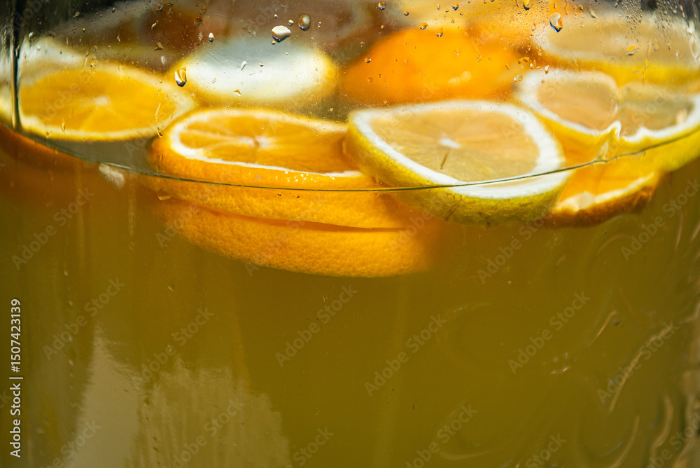 Close-up of sliced lemon in glass jar with lemonade