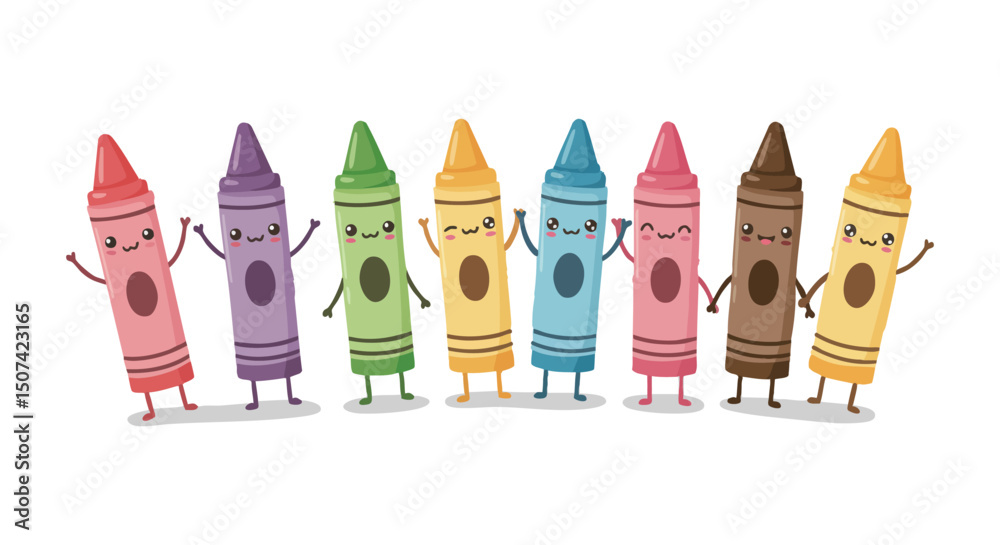 Group of colorful happy cartoon crayons with smiling faces and raised arms in playful arrangement 