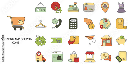 Shopping and Delivery simple concept 24 hand drawn color icons set .Vector illustration.