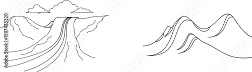 Simple vector illustration of a mountainous landscape featuring a waterfall and cloud elements