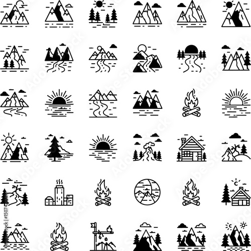 Simple Line Art Collection of Mountain and Outdoor Icons