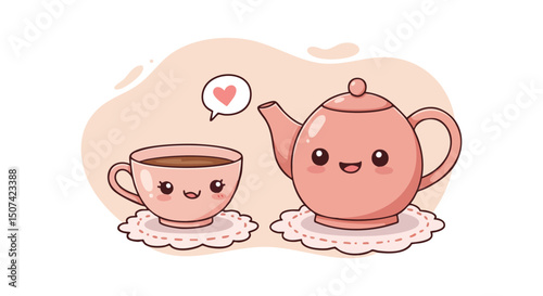 Cute pink teapot and teacup cartoon characters with happy faces and heart speech bubble illustration 