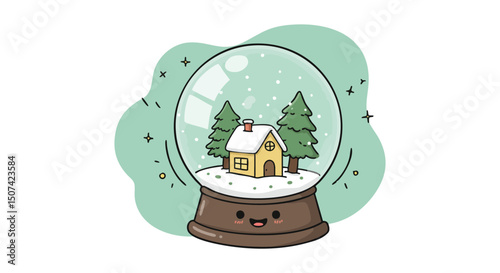 Snow globe with cozy cabin and pine trees in winter scene with smiling face and green background 