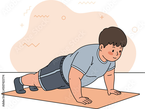 Boy exercising with push up on mat in casual sportswear fitness activity vector illustration 