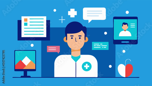 Patient Profile Analysis A digital representation of a patient profile with various health metrics displayed on a screen with an AI assistant icon analyzing the data.