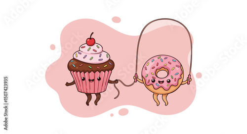 Cartoon cupcake and donut holding hands with pink icing and sprinkles playful illustration 