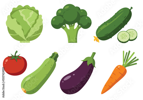 Fruits, vegetables and berries. Abstract geometric design. Banner template. Seamless pattern. Organic food. Set of simple icons in flat style Elements isolated on white background vector illustration.