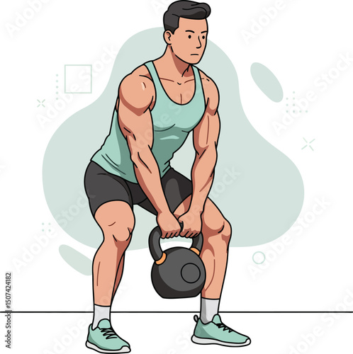 Muscular man performing kettlebell squat exercise for fitness training and strength building in gym workout routine 