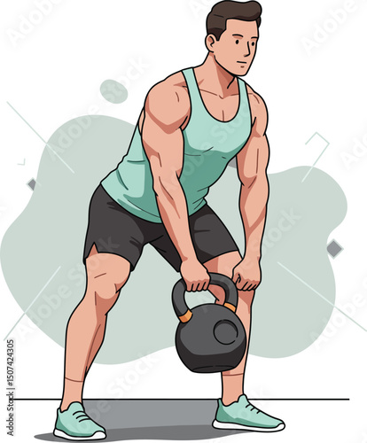 Muscular man lifting kettlebell in gym workout with fitness training exercise vector illustration 
