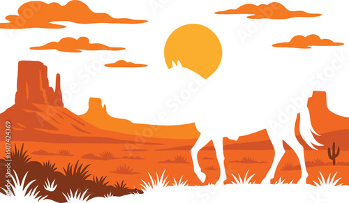 A decorative illustration featuring a vector landscape of wild American prairies with a cowboy riding a horse silhouetted at sunset or dawn, symbolizing the Wild West theme on a vintage background
