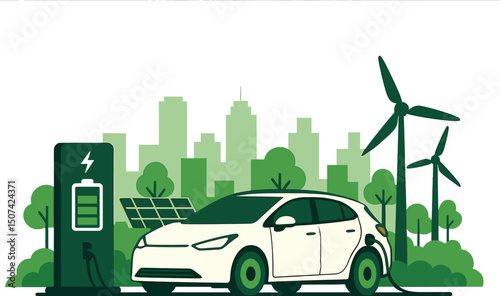 An electric vehicle is plugged into a charging station, set against the backdrop of a green city street skyline, and is being powered by renewable energy generated from solar panels and wind turbines