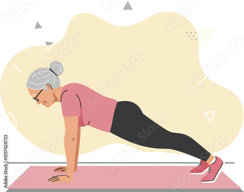 Elderly woman exercising with plank pose on yoga mat for healthy lifestyle and fitness routine vector illustration 
