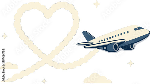An airplane is flying in a dark blue sky with a love-shaped smoke trail