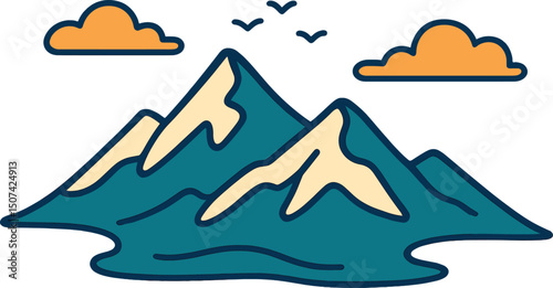 A continuous line drawing depicts a mountain range landscape from a top view in a simple linear style, symbolizing an adventure winter sports concept isolated on a white background as a doodle vector