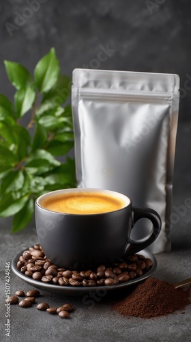 A black coffee cup rests atop beans with coffee grounds a leaf and a silver packet in the background