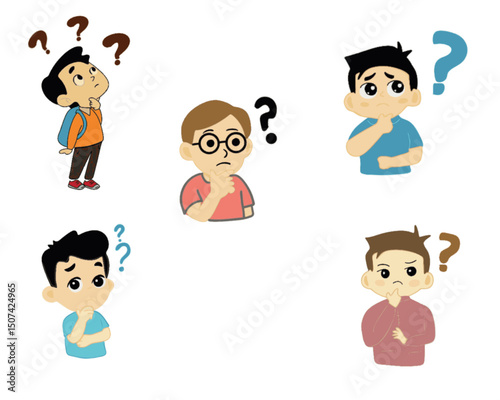 Five cartoon boys are shown, each with a thoughtful or confused expression. One boy has a backpack and is looking up, while the others exhibit various hand gestures suggesting contemplation. Quest