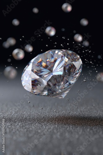 A brilliant diamond suspended above a sparkling surface surrounded by water droplets and bokeh lights