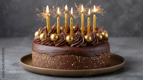 A chocolate cake with golden candles sparklers gold spheres and frosting on a brown plate against a grey backdrop