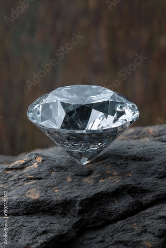 A clear diamond rests on a textured rock surface