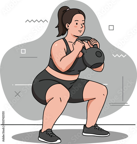 Woman performing kettlebell squats in fitness workout for strength and endurance training vector illustration 