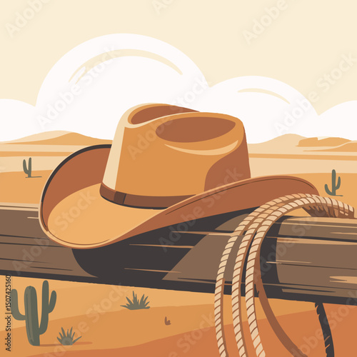 Minimal Cowboy Hat and Lasso on Fence – Flat Desert Vector Illustration for Western Theme